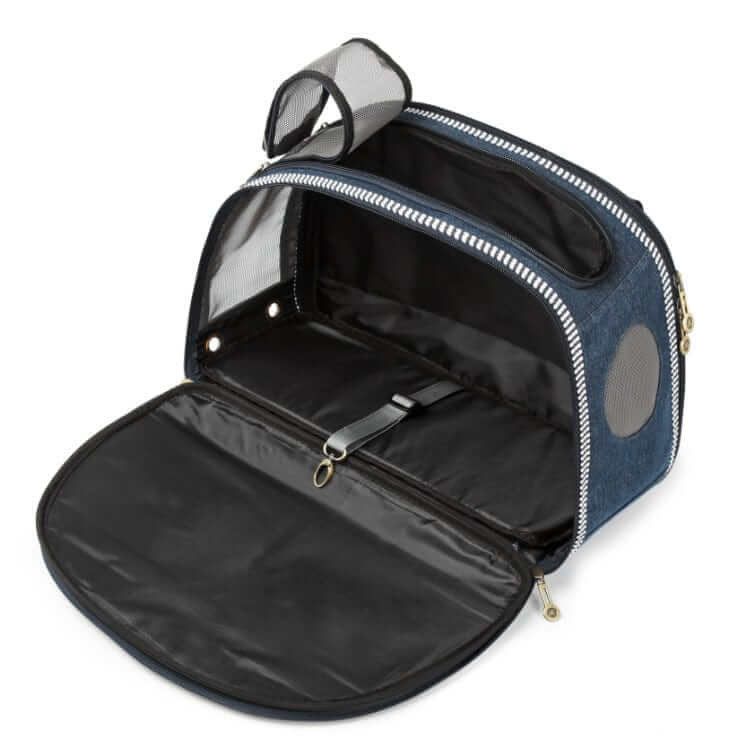WanderPaws Pet Travel Bag interior view, a stylish backpack designed for pets, featuring mesh panels and secure straps for dogs and cats.