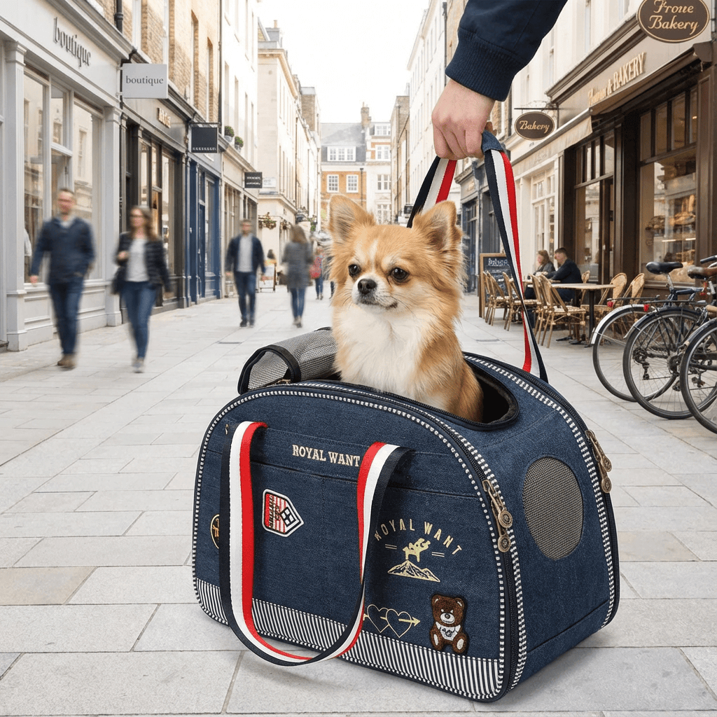 WanderPaws Pet Travel Bag with a dog inside, ideal for stylish pet travel, designed for comfort and security for dogs & cats.