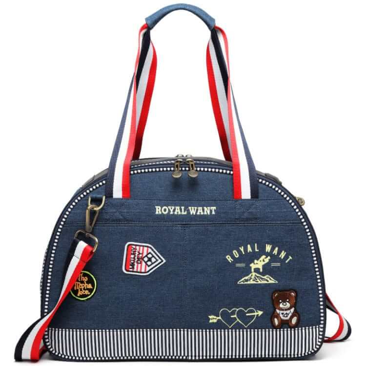 WanderPaws Pet Travel Bag, stylish pet carrier with patches, perfect for dogs and cats, cozy design, comfy for travel.