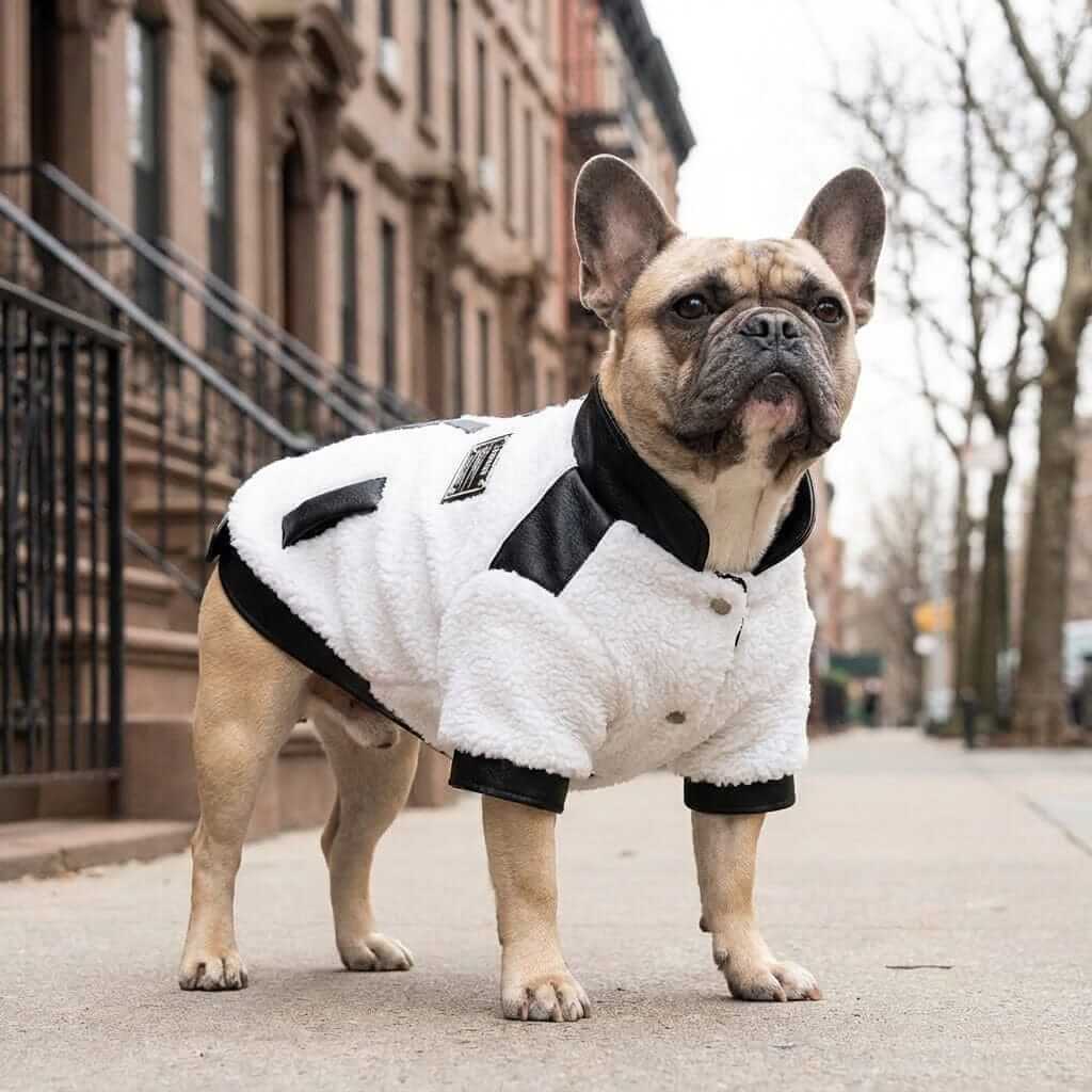 Warm And Fuzzy Winter Dog Jacket on a French Bulldog, featuring a cozy design and fashionable details.