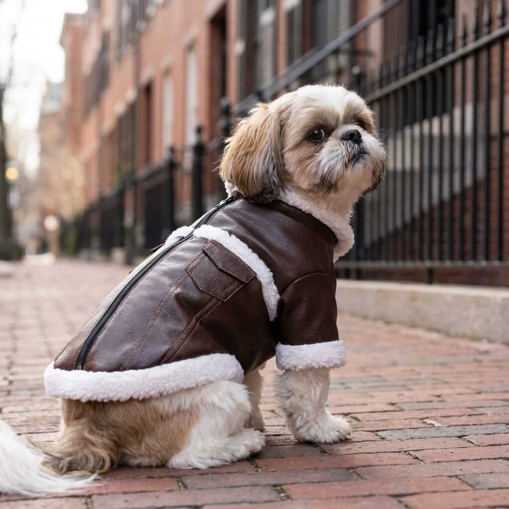 Warm And Fuzzy Winter Dog Jacket on a Shih Tzu, featuring insulation fabric, cozy design, and back zipper for easy access.