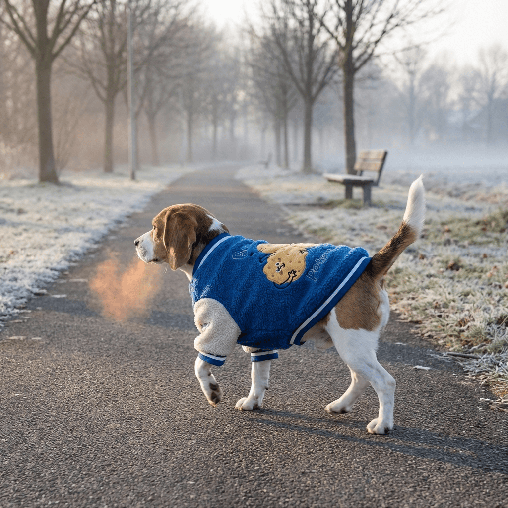 Warm Dog Baseball Jacket worn by a Beagle, showcasing style and warmth for dogs during winter walks.