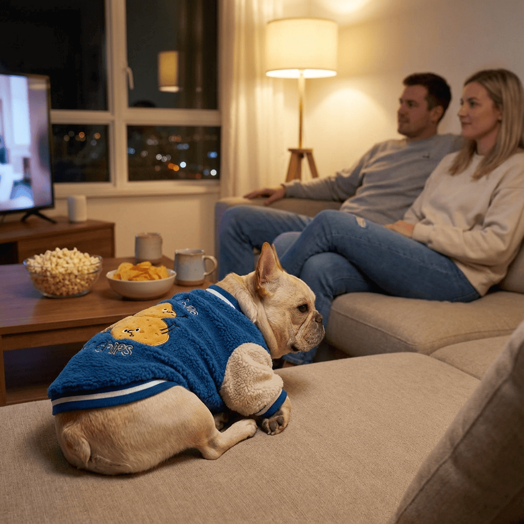 Warm Dog Baseball Jacket on French Bulldog, cozy lounging with owners at home, perfect for stylish winter nights.