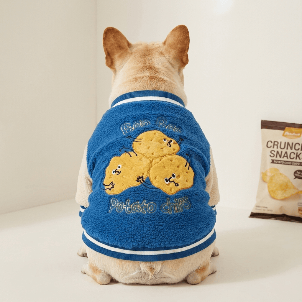 Warm Dog Baseball Jacket on a French Bulldog, cozy winter style with potato chip design, perfect for small breeds.