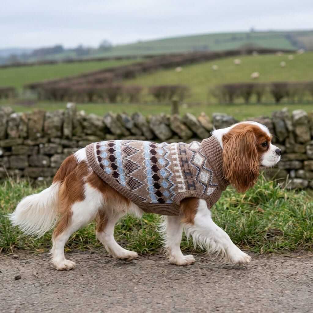 Warm Knit Pet Sweater Vest on a dog walking in a scenic outdoor setting, providing warmth and style for pets.