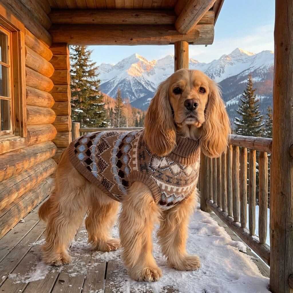 A stylish dog wearing a Warm Knit Pet Sweater Vest in a wintery outdoor cabin setting.