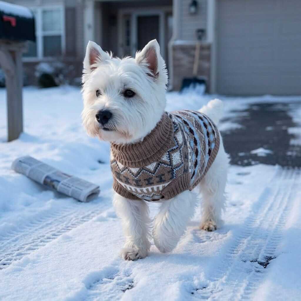 Warm Knit Pet Sweater Vest on a small dog in snow, providing warmth and style for winter days.