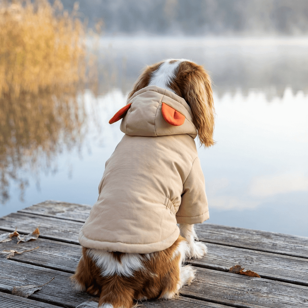 Warm Paw Haven Dog Winter Coat on a dog by a lake; features hood, soft fabric, perfect for cold weather.
