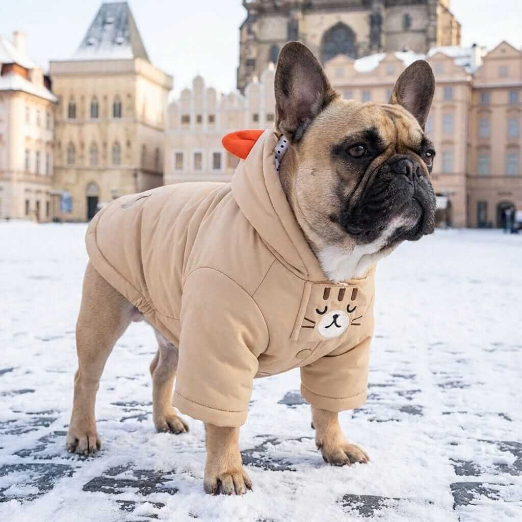 Warm Paw Haven Dog Winter Coat on a stylish French Bulldog in snow, featuring a padded silhouette and breathable soft fabric.