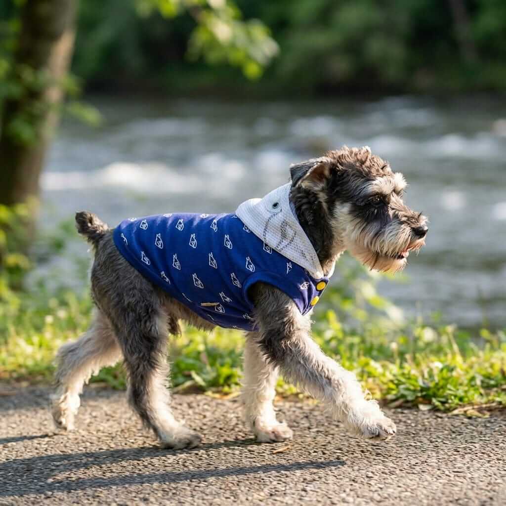 Warm Sleeveless Dog Hoodie worn by a dog walking near a river, stylish design, ideal for keeping dogs warm and comfy.