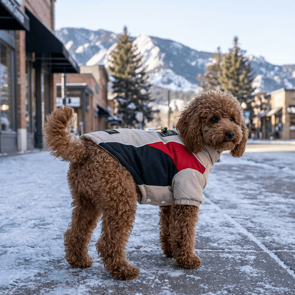 Warmer Insulated Dog Jacket on a dog, featuring breathable, water-resistant material for warmth and comfort.