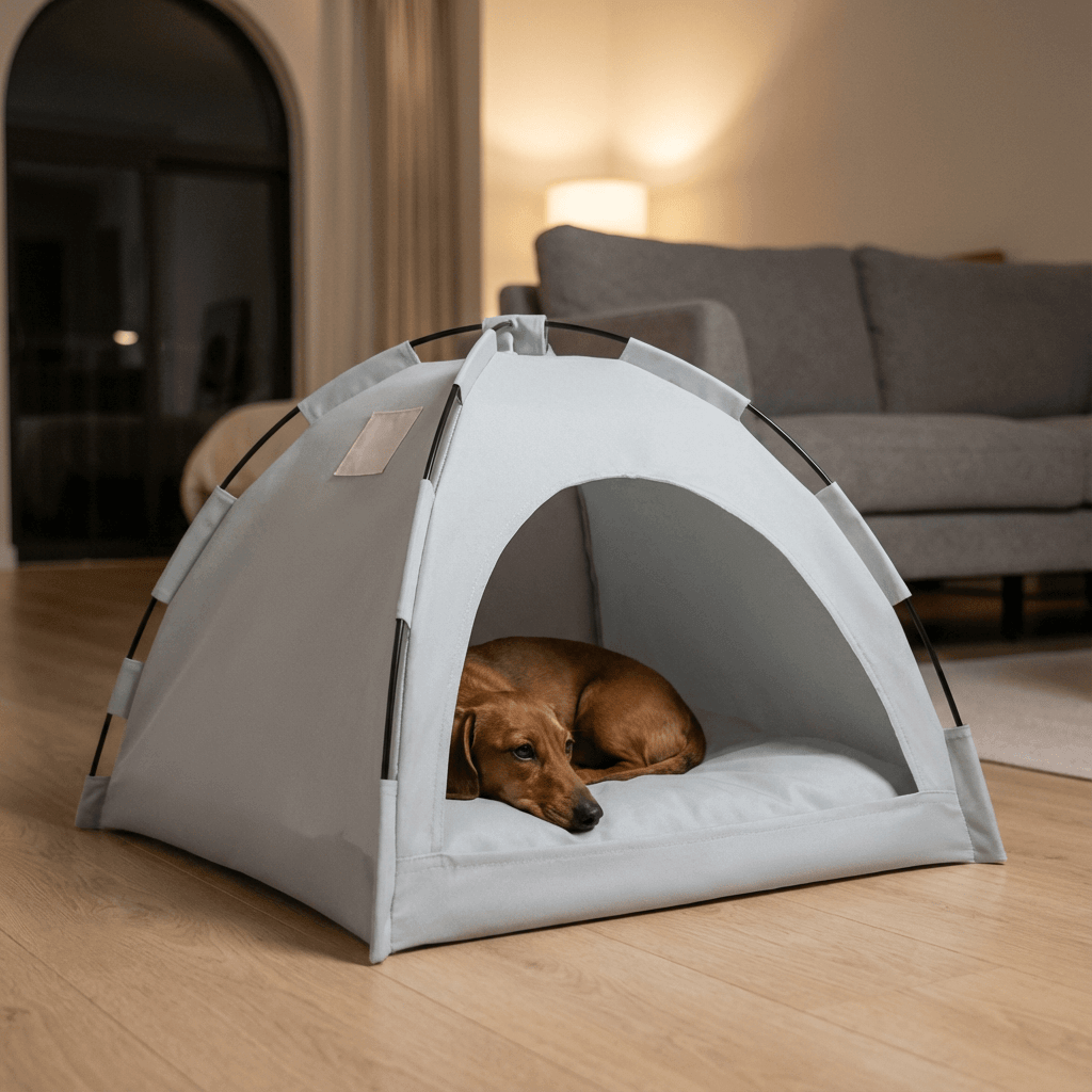 Washable Pet Tent Bed for dogs and cats, cozy polyester pet teepee, removable cushion, indoor outdoor use.
