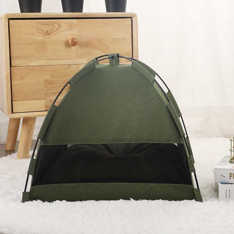 Washable Pet Tent Bed in green, cozy and breathable for dogs and cats, easy to clean with removable cushion.