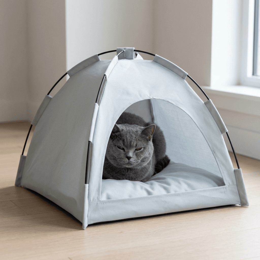 Washable Pet Tent Bed for cats, cozy polyester tent bed with removable cushion for easy cleaning.
