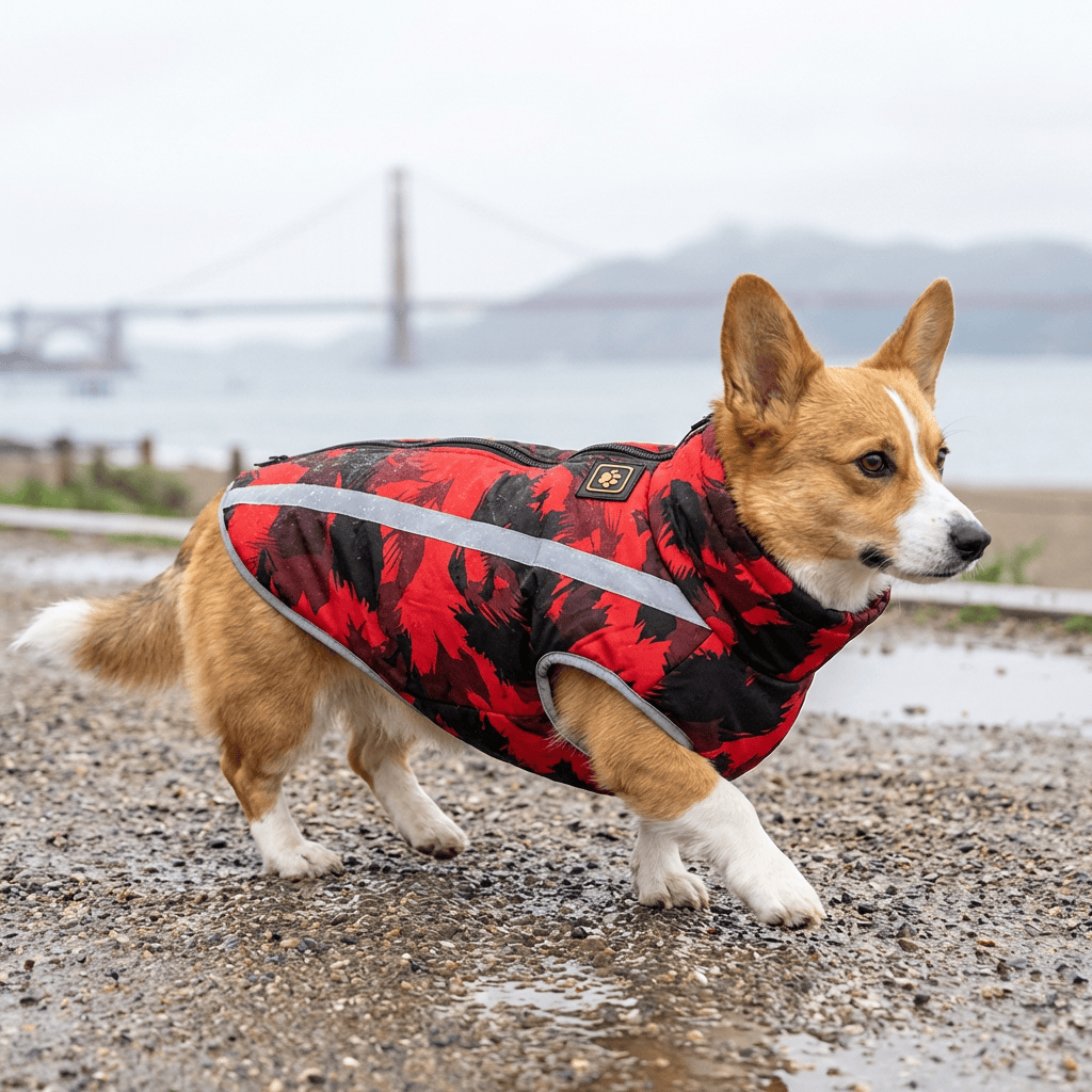 Water Resistant Dog Mesh Jacket on a corgi, featuring fleece and polyester for warmth and dryness during outdoor walks.