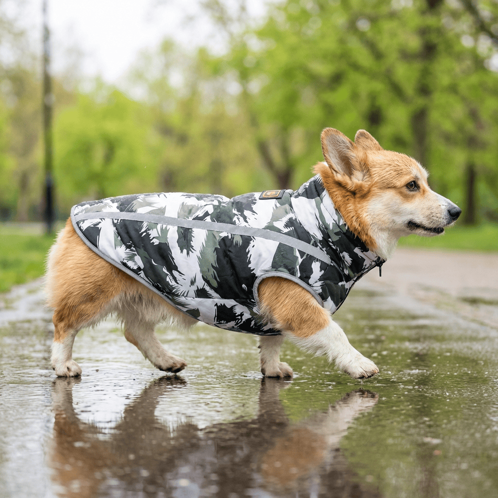 Water Resistant Dog Mesh Jacket on a corgi walking in the rain, featuring fleece and polyester for warmth and dryness.