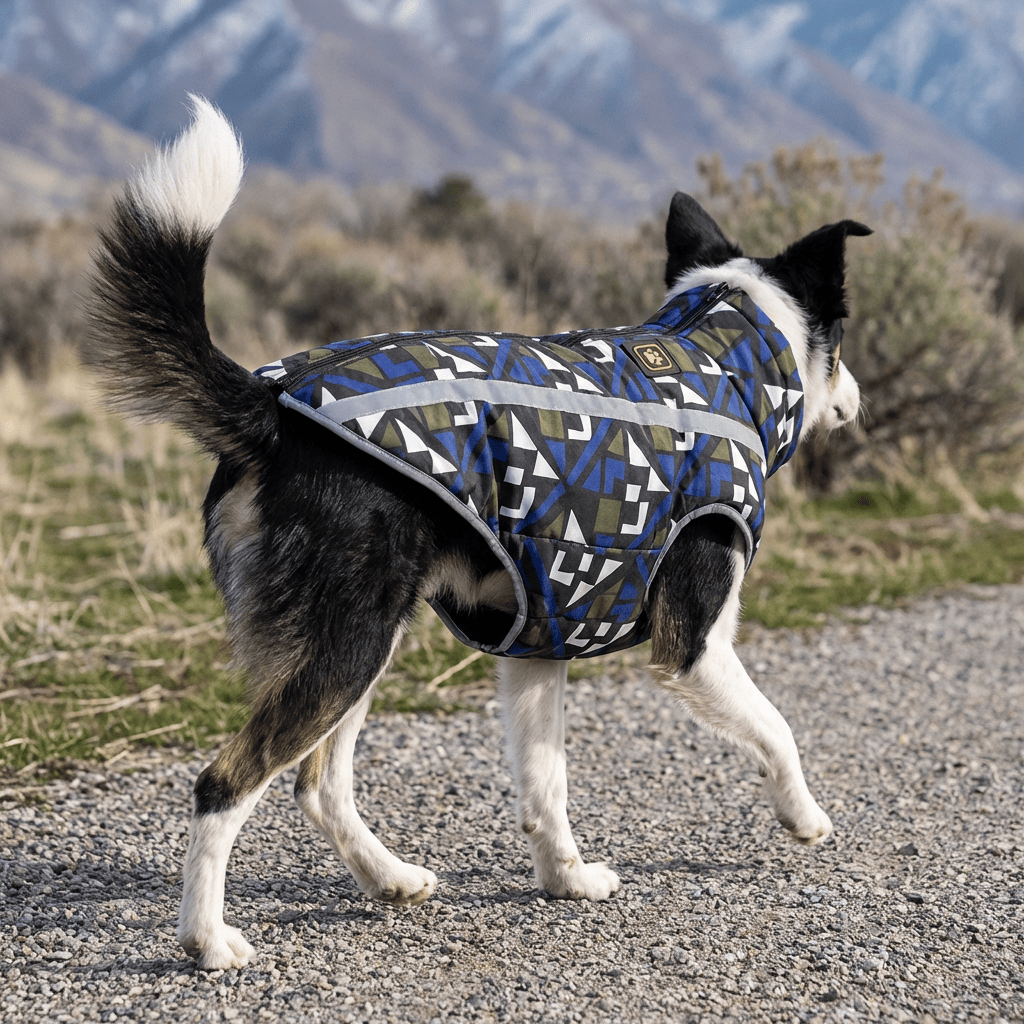 Water Resistant Dog Mesh Jacket on a dog walking outdoors, featuring fleece and polyester for warmth and dryness.