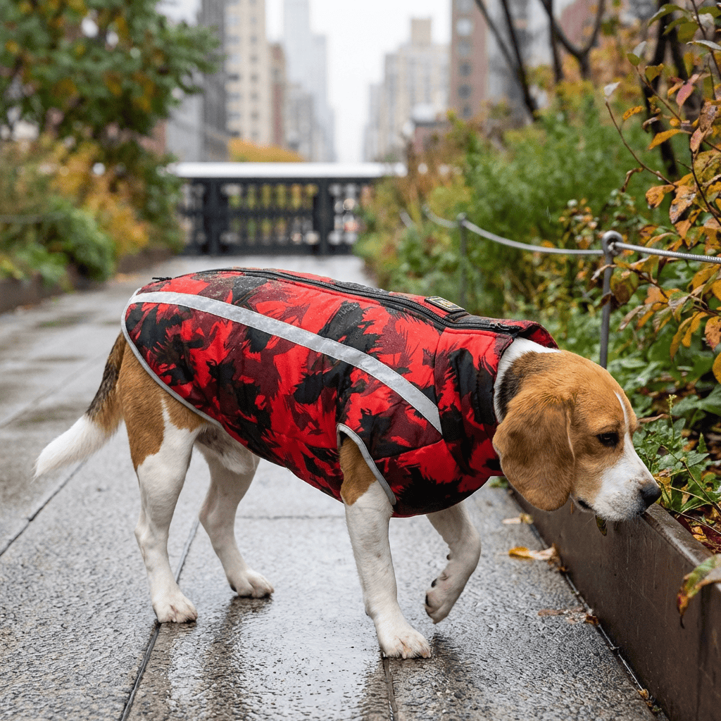 Water Resistant Dog Mesh Jacket on a Beagle in a rainy city park, keeping the dog warm and dry.