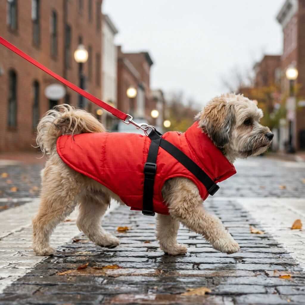Waterproof Cold Burst Pet Vest Coat on a dog walking in the city, featuring a water-resistant shell and fleece lining.