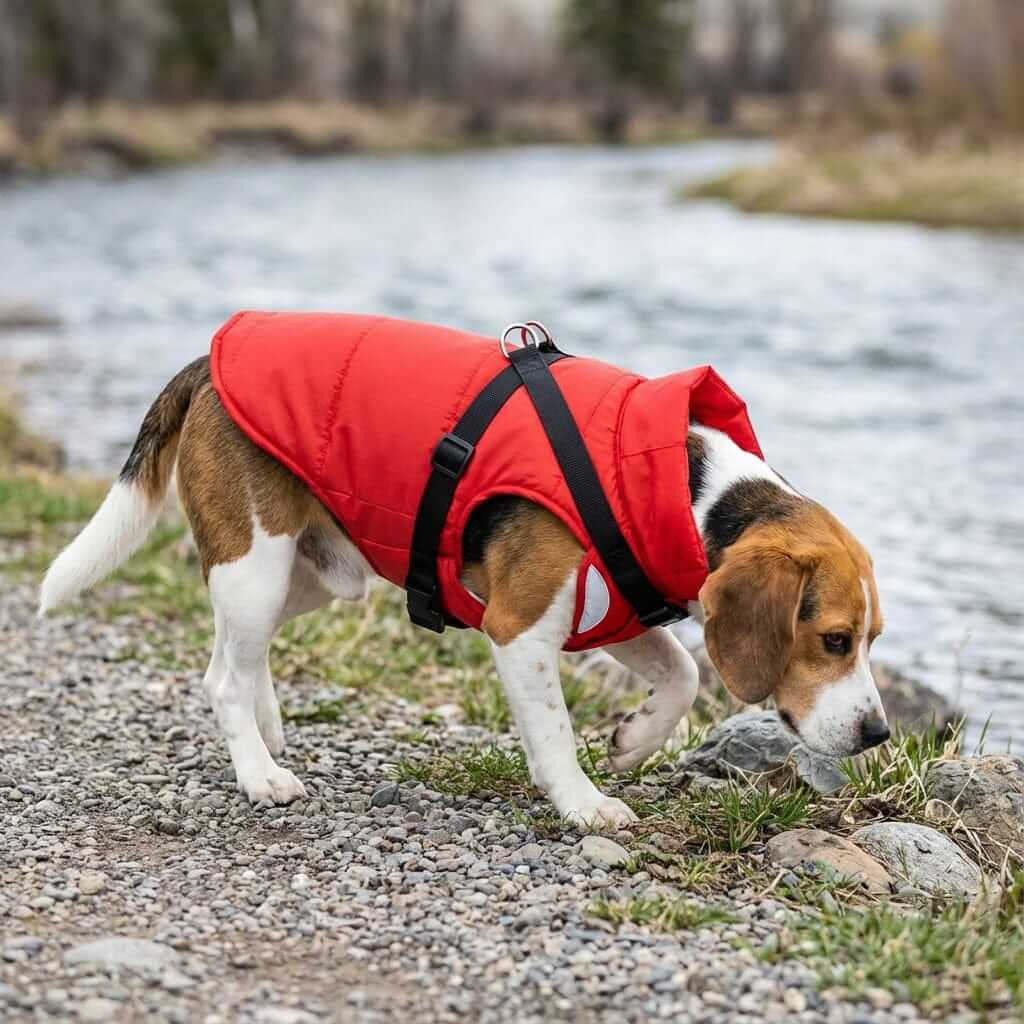 Waterproof Cold Burst Pet Vest Coat on a Beagle dog by the river, featuring water-resistant shell and fleece lining.
