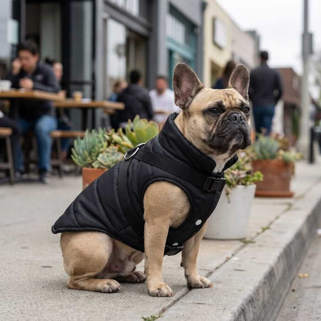 Dog in Waterproof Cold Burst Pet Vest Coat, showcasing its insulated design and cute style for cold-weather comfort.