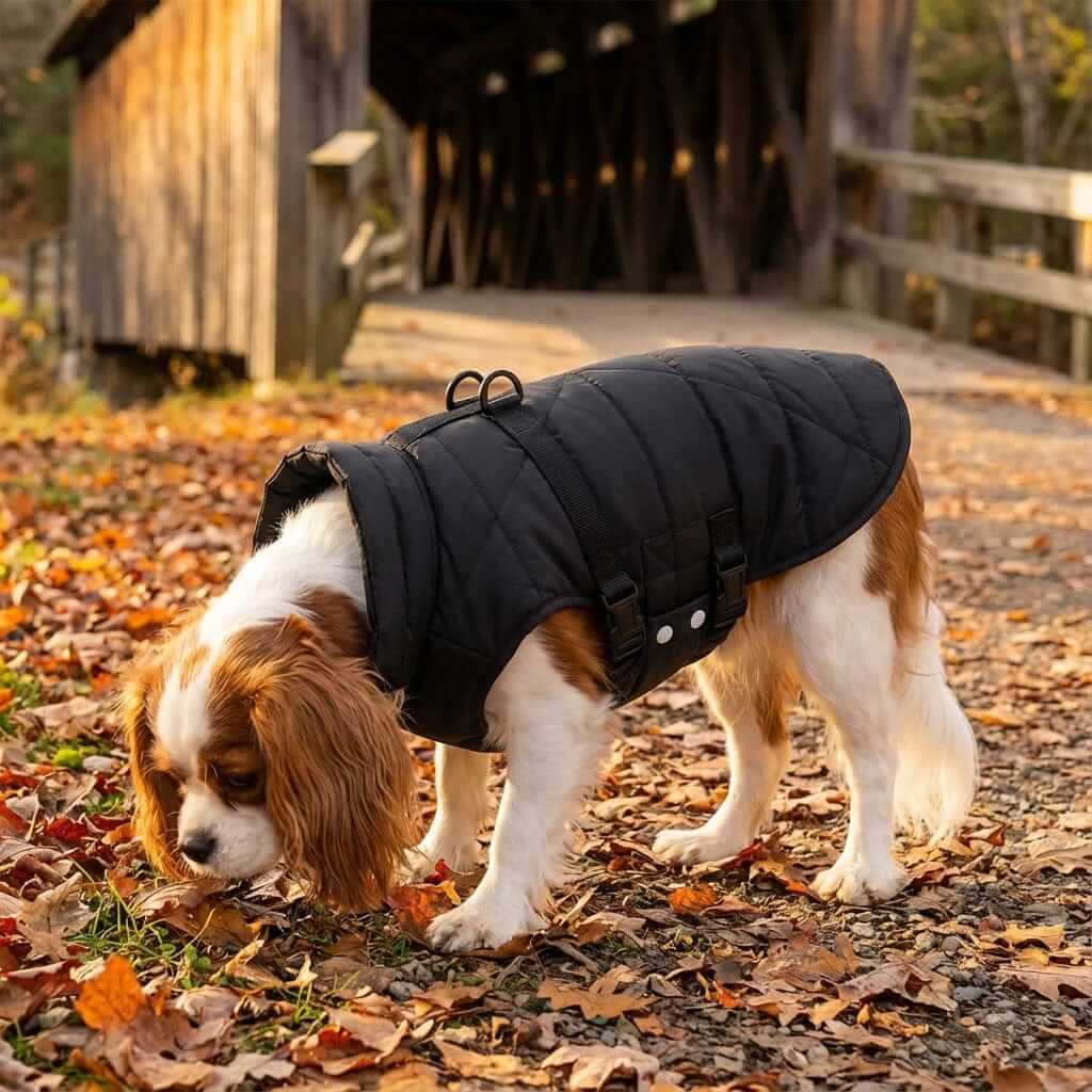 A dog wearing a Waterproof Cold Burst Pet Vest Coat, exploring fallen leaves on a cool day in a cozy outdoor setting.