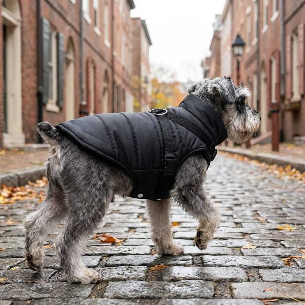 Dog wearing a Waterproof Cold Burst Pet Vest Coat on a cobblestone street, showcasing its insulated and water-resistant features.