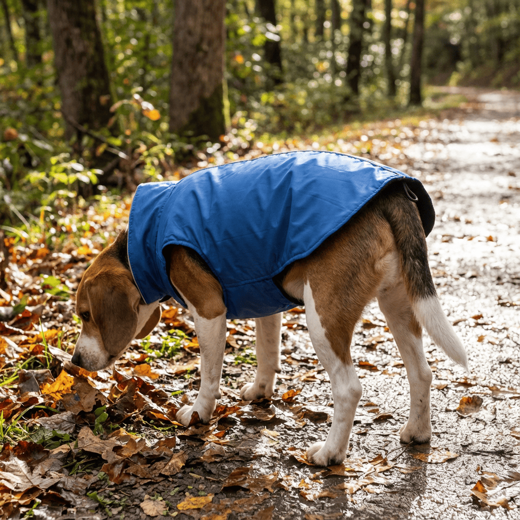Dog wearing a Waterproof Outdoor Jacket for Pet in a forest, showcasing its water-resistance and comfort features.
