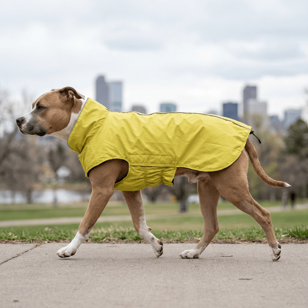 Waterproof Outdoor Jacket for Pet, yellow waterproof jacket for dog with reflective strip, ideal for rainy days.