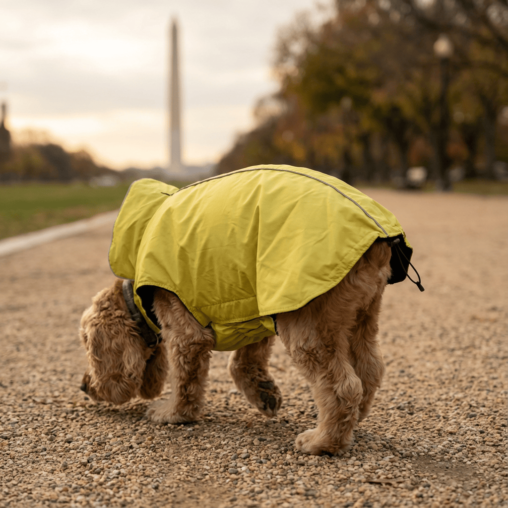 Waterproof Outdoor Jacket for Pet on a dog walking outdoors, featuring a reflective strip and water-resistant design.