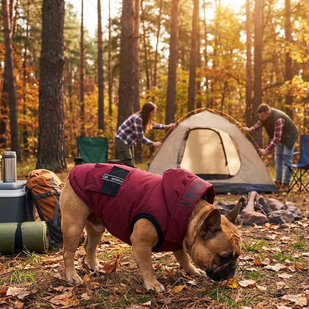 Waterproof Winter Dog Coat on a French Bulldog in a forest camping scene, showcasing comfort for dogs & cats.