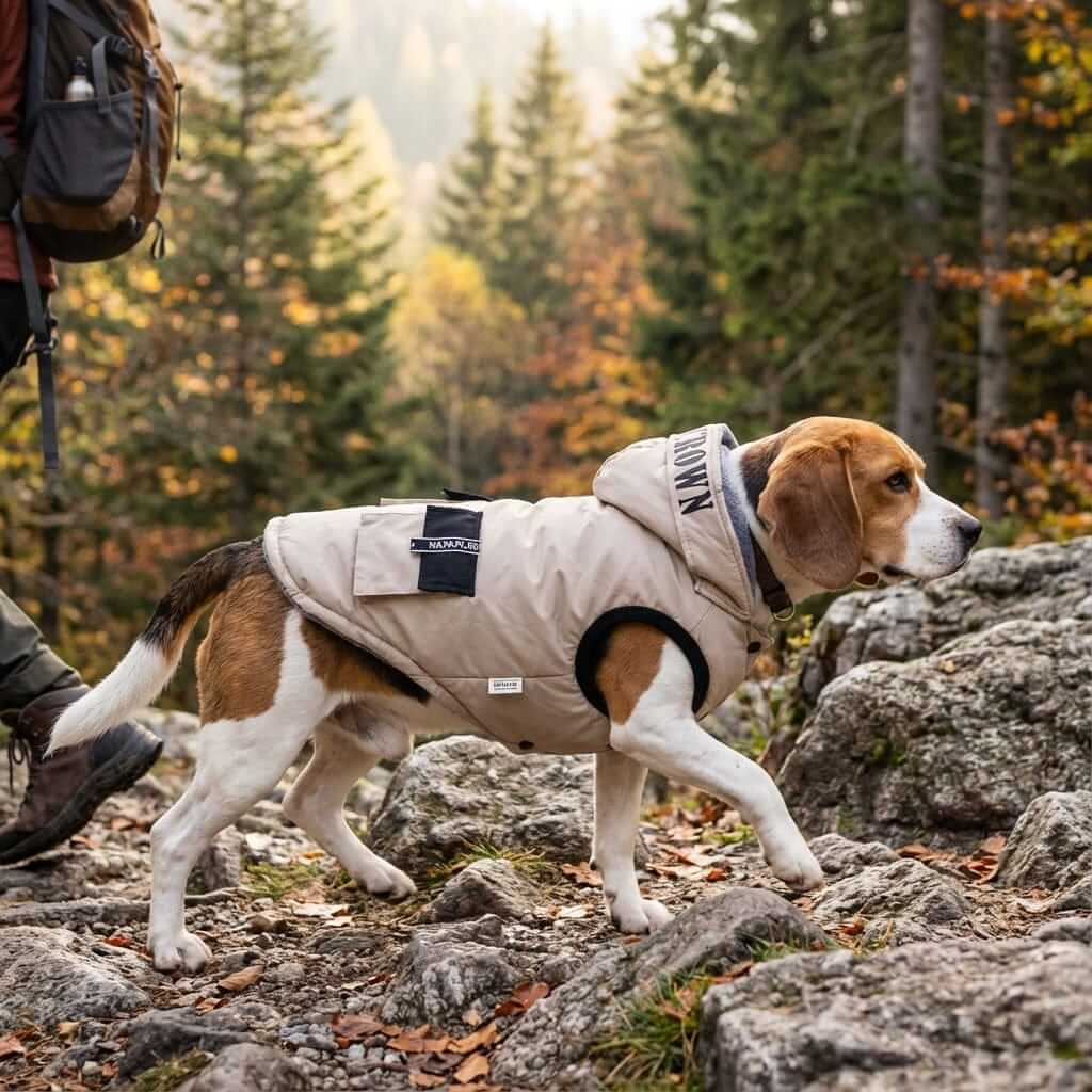 Beagle wearing a Waterproof Winter Dog Coat, perfect for keeping dogs and cats warm and dry during outdoor adventures.
