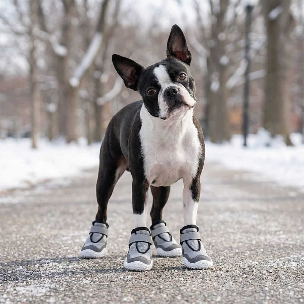 Wear-resistant And Breathable Dog Shoes on a Boston Terrier in winter scenery, ensuring paw protection and comfort.