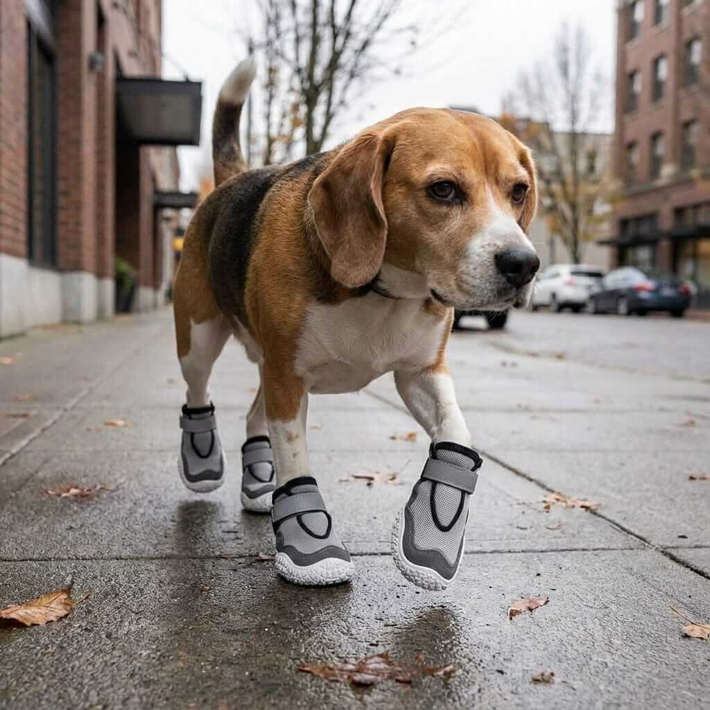 A dog wearing Wear-resistant And Breathable Dog Shoes, showcasing their snug fit and protection during outdoor walks.