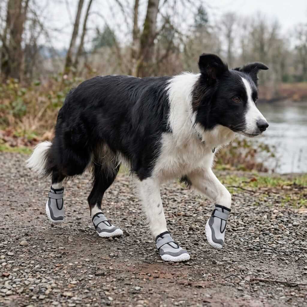 A dog wearing Wear-resistant And Breathable Dog Shoes, featuring lightweight design and a snug fit, perfect for outdoor adventures.