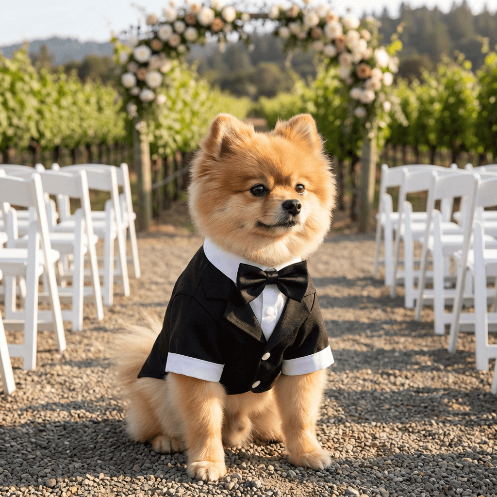 Wedding Suit Dog Top featuring a stylish dog in a tuxedo, ready for a wedding, from Dogs & Cats brand.