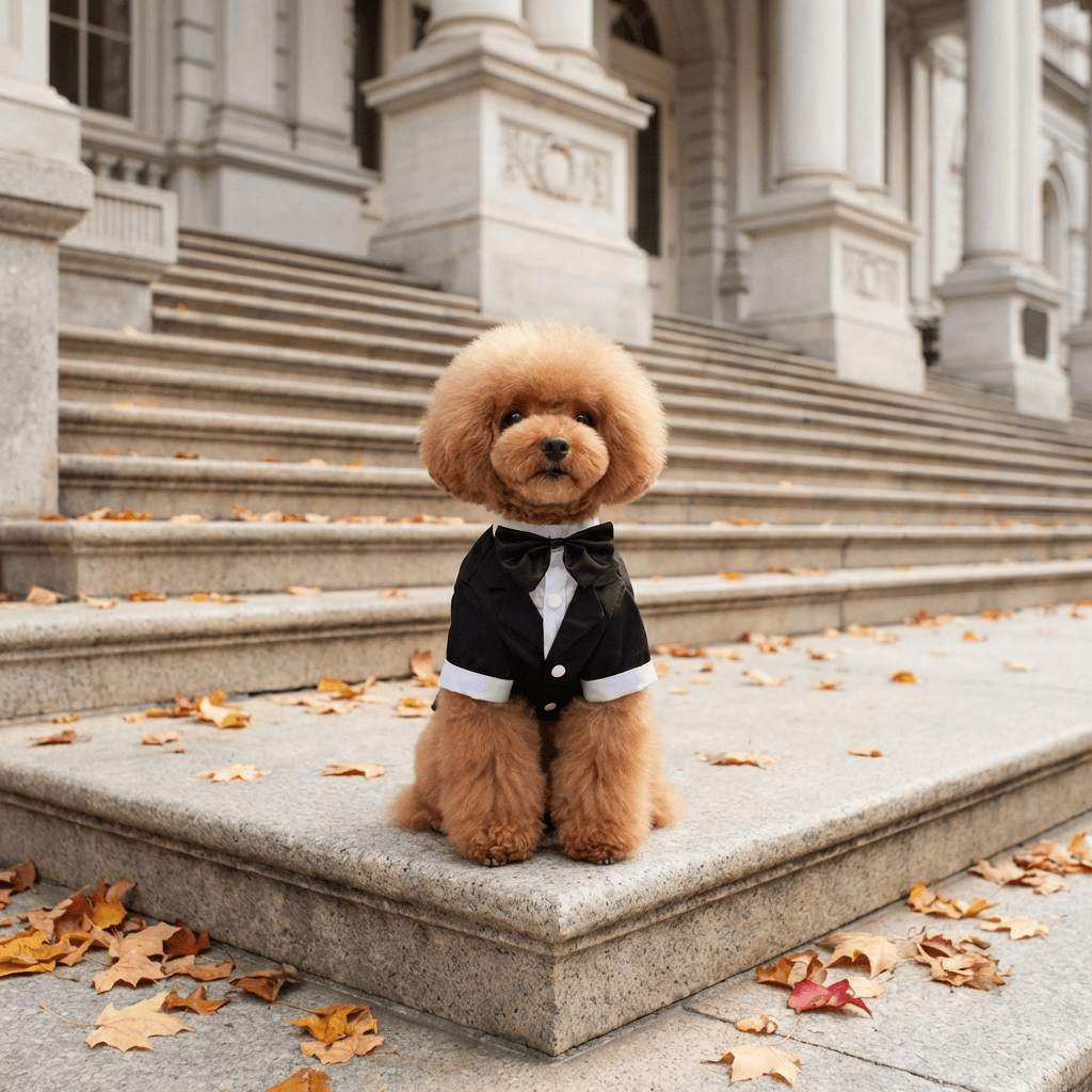 Wedding Suit Dog Top worn by a fancy dog, featuring elegant bowtie, lightweight breathable cotton material, by Dogs & Cats.