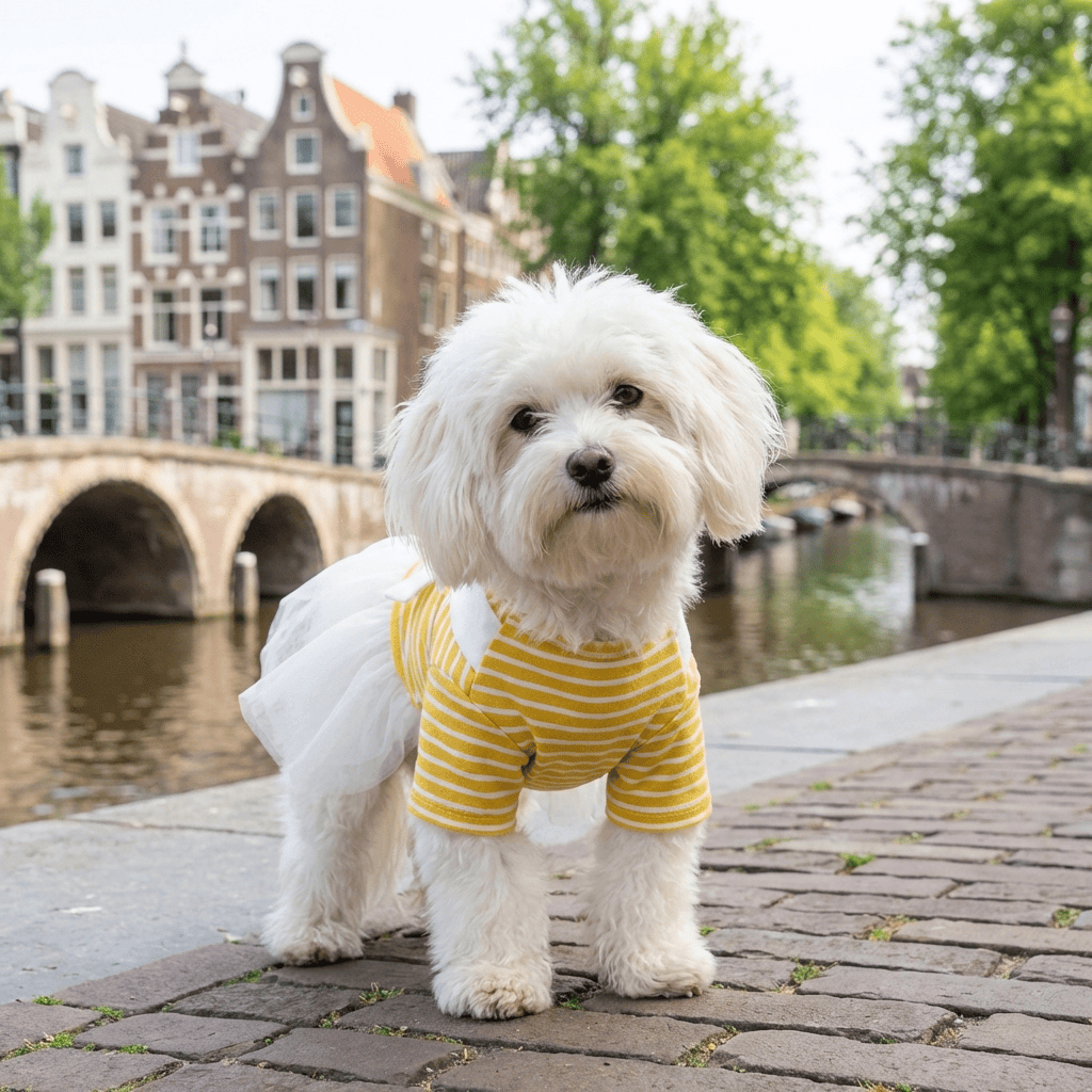 White Bowtie Dog Dress on a cute dog by the canal, showcasing cotton material and a stylish bow.
