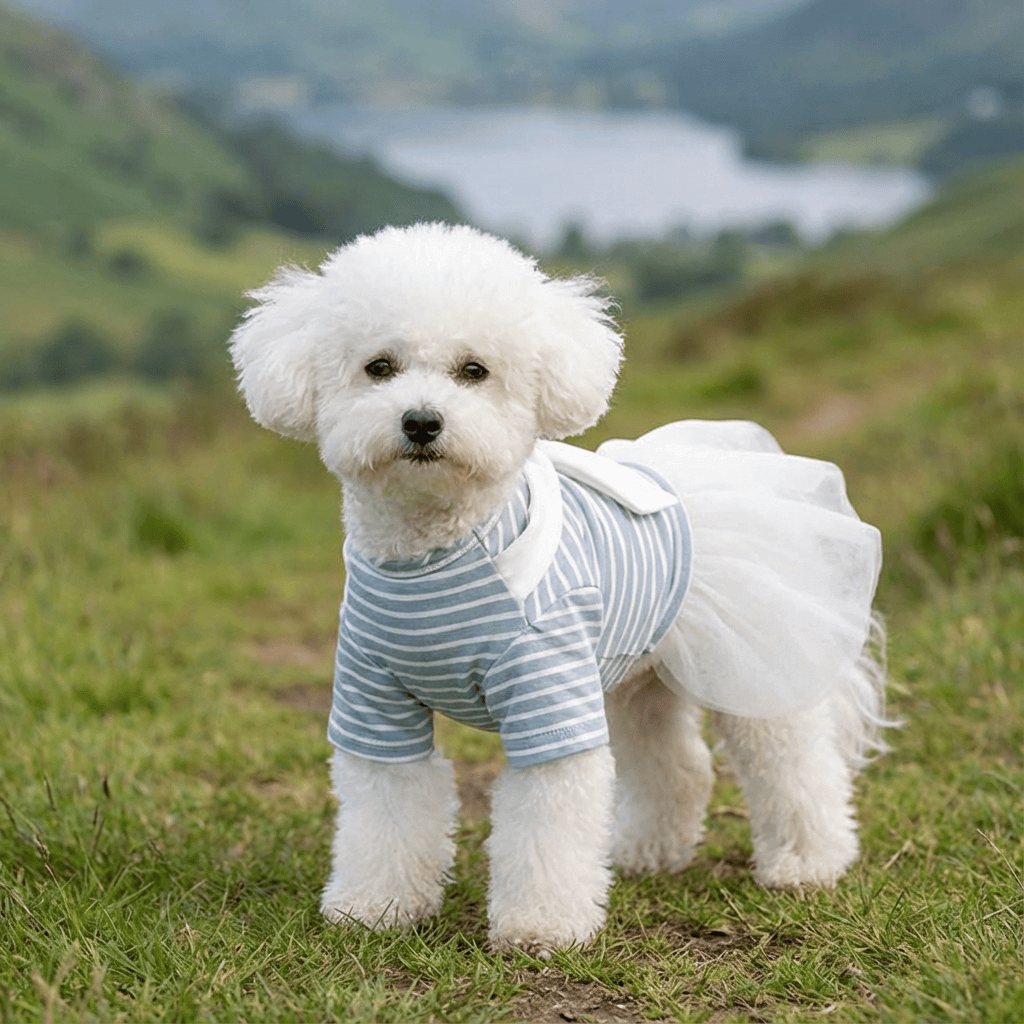 White Bowtie Dog Dress on a fluffy dog outdoors, featuring a giant bow and cotton material for comfort.