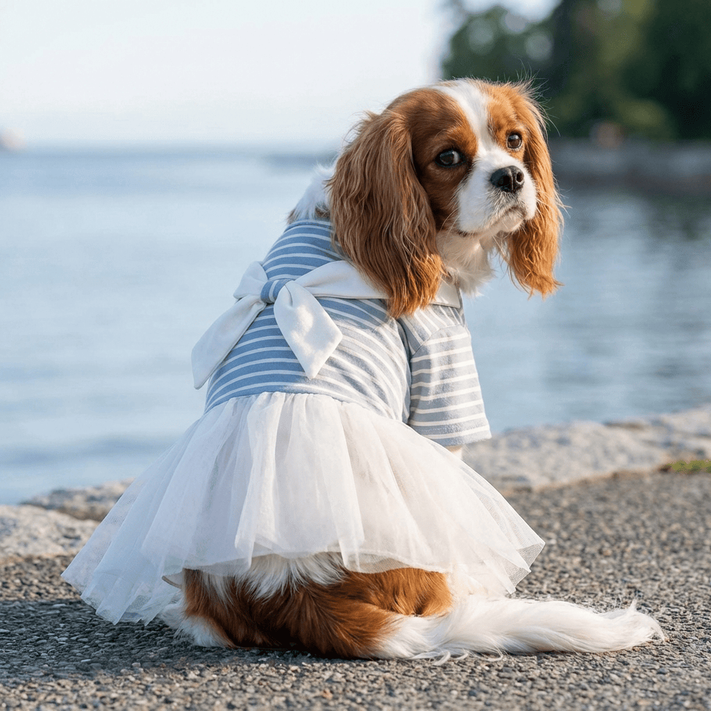 White Bowtie Dog Dress on a Cavalier King Charles Spaniel by the water, featuring a cute bow and tulle skirt.