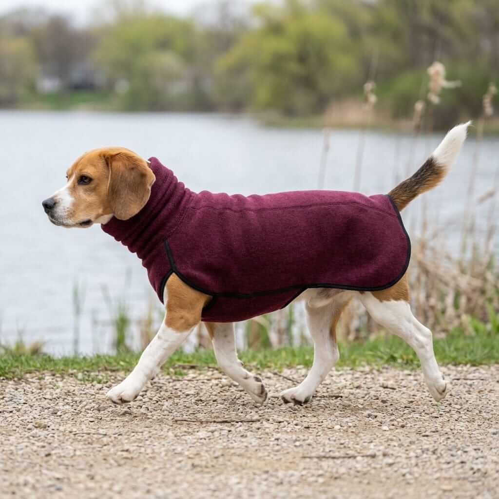 Winter High Collar Dog Sweater on a beagle walking by the water, featuring a high collar, soft fleece, and stylish design.