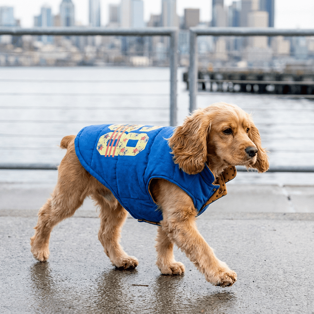 Dog wearing Winter Stars Double-sided Vest by Dogs & Cats, featuring breathable, lightweight design, and cozy high neck.