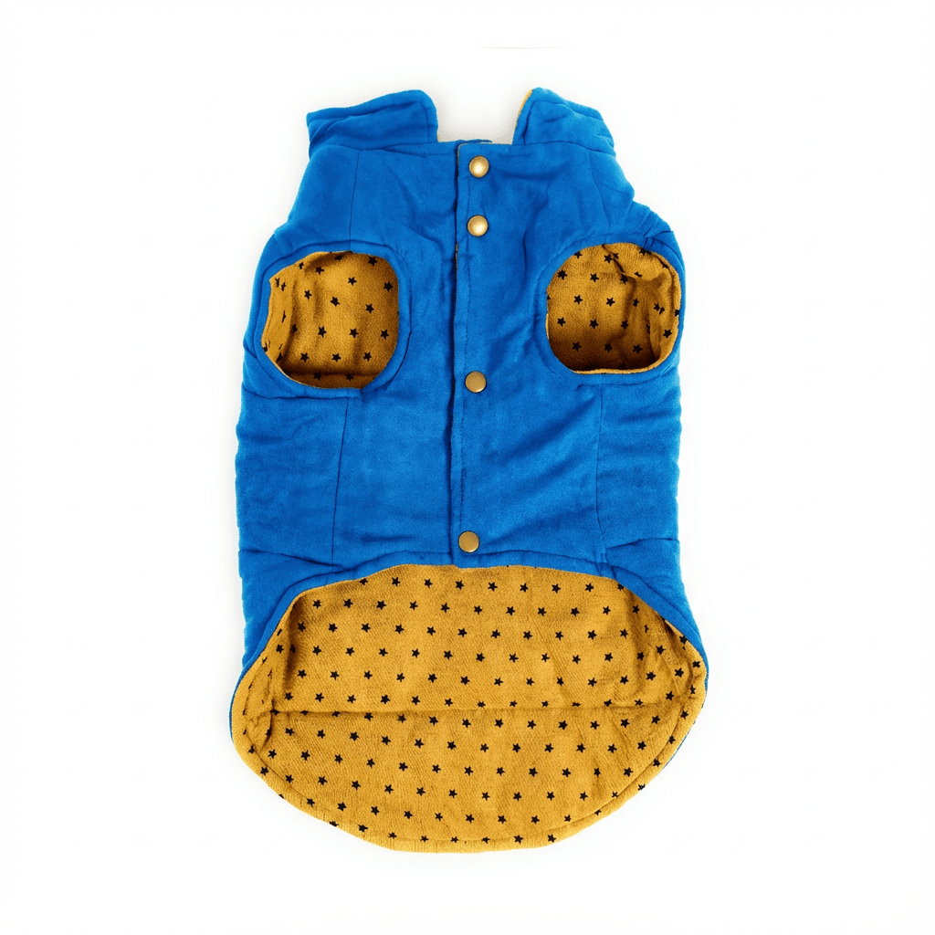 Winter Stars Double-sided Vest for dogs, featuring high neck, elasticated sleeves, and a cozy lightweight design.