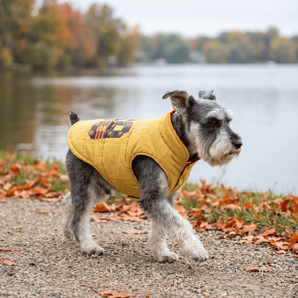 Winter Stars Double-sided Vest on a dog by the lake, featuring breathable fabric and stylish design for Dogs & Cats.