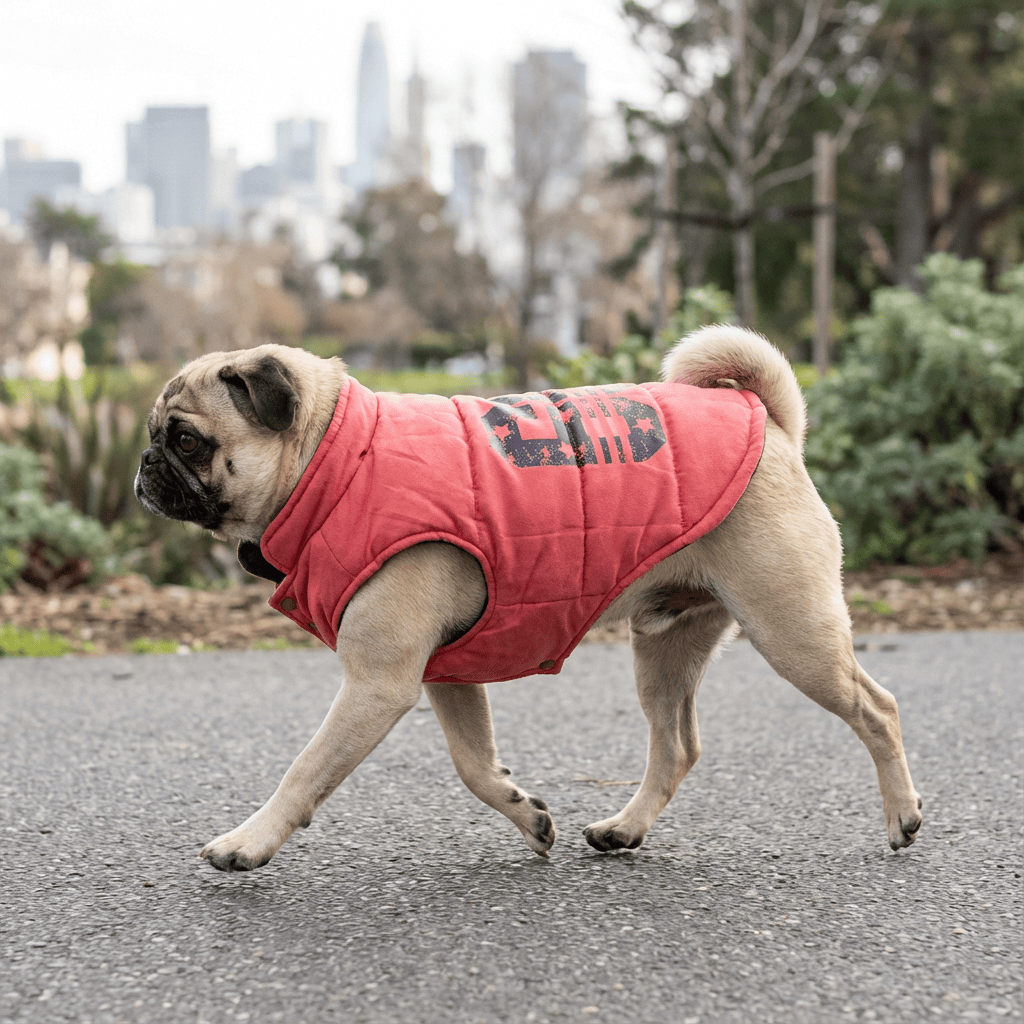 Winter Stars Double-sided Vest on a pug, featuring high neck, elasticated sleeves for a stylish and cozy fit. Great for dogs!