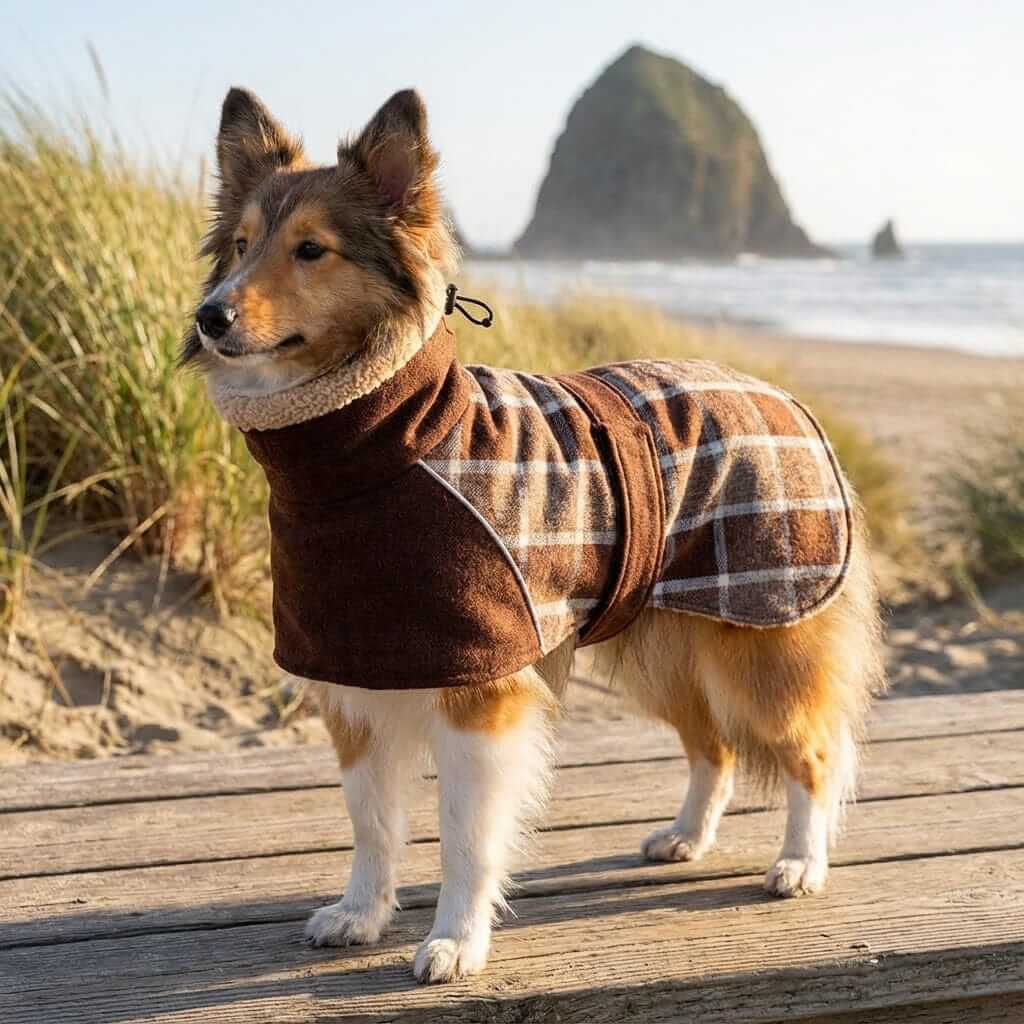 Wool Plaid Dog Coat on a stylish collie, featuring plaid design and warm coverage, perfect for dogs and cats by Dogs & Cats.