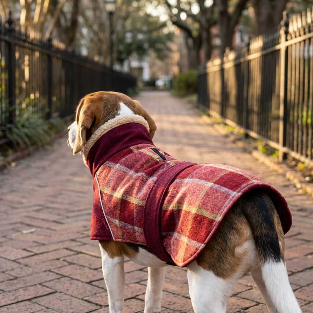Wool Plaid Dog Coat on a dog walking down a path, featuring a stylish plaid design and warm coverage.