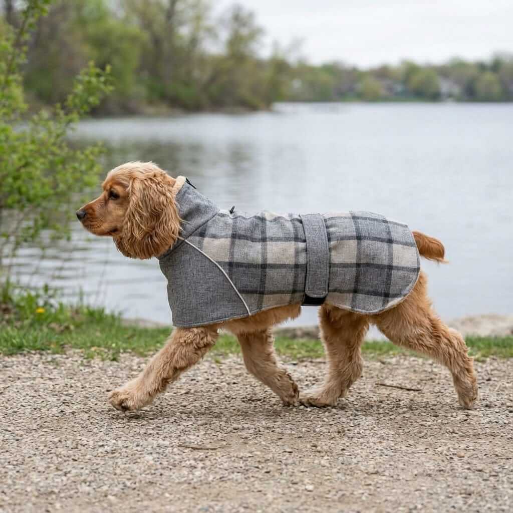 Wool Plaid Dog Coat on a dog by the water, stylish plaid design, adjustable neck closure, perfect for Dogs & Cats.