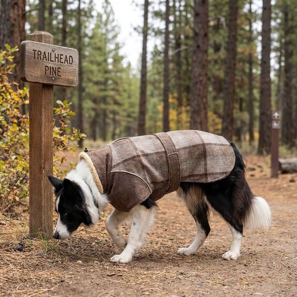 Wool Plaid Dog Coat on a dog sniffing near a trailhead sign, showcasing style and comfort for pets.