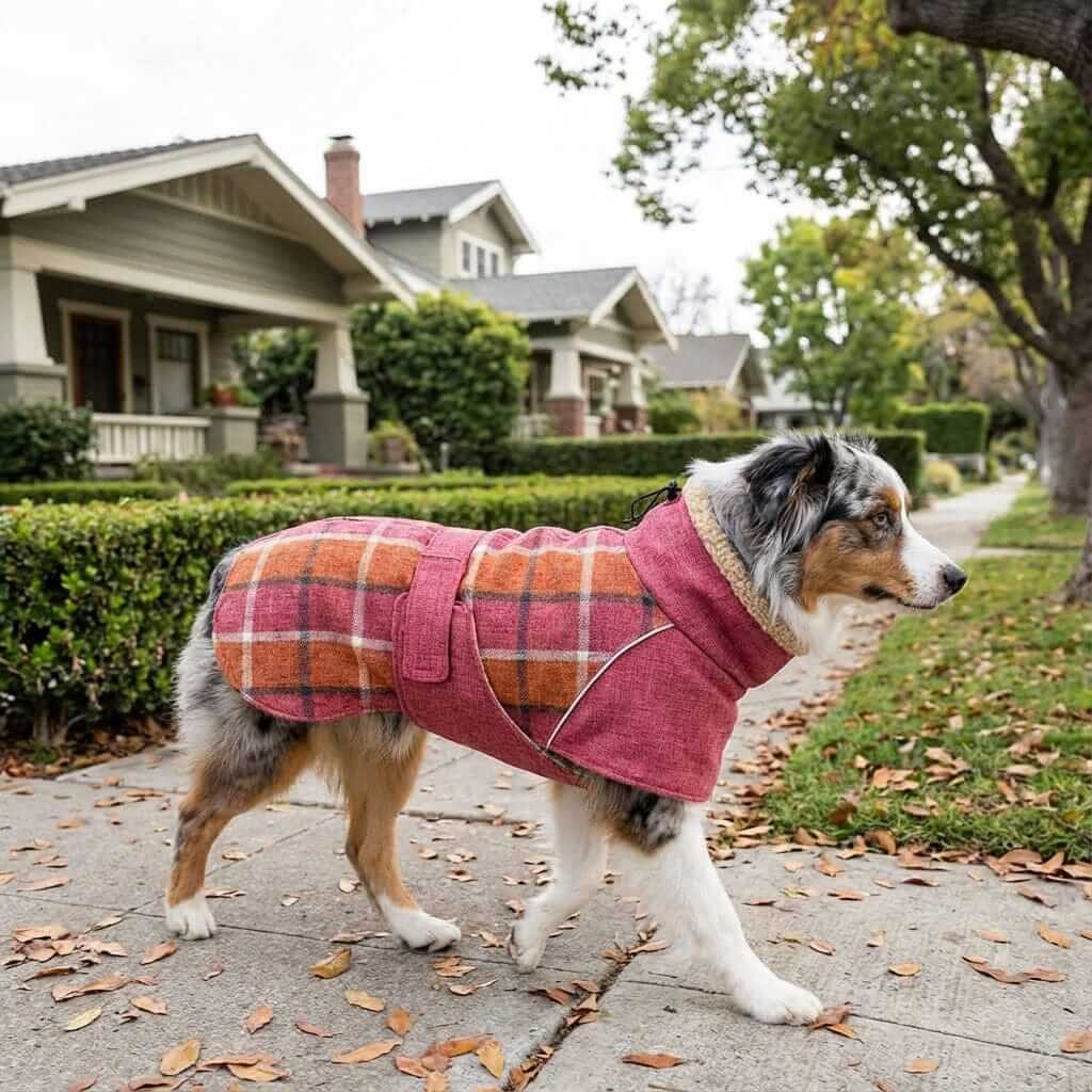 Wool Plaid Dog Coat on a stylish dog walking on the sidewalk, perfect for Dogs & Cats, featuring plaid design and warm coverage.